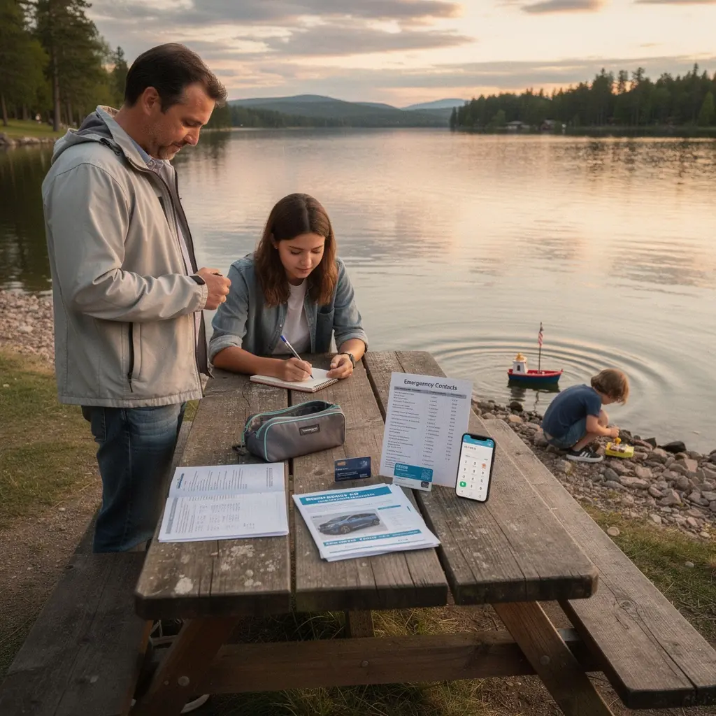 Zestaw narzędzi awaryjnych do samochodu, w tym apteczka i gaśnica.