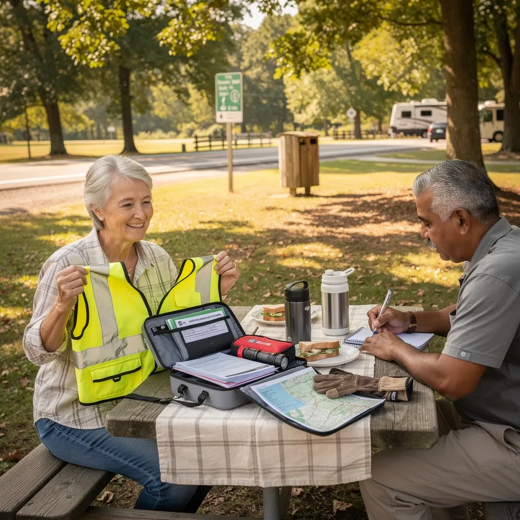 Widok na samochód zaparkowany obok znaku drogowym z informacjami o ubezpieczeniu.