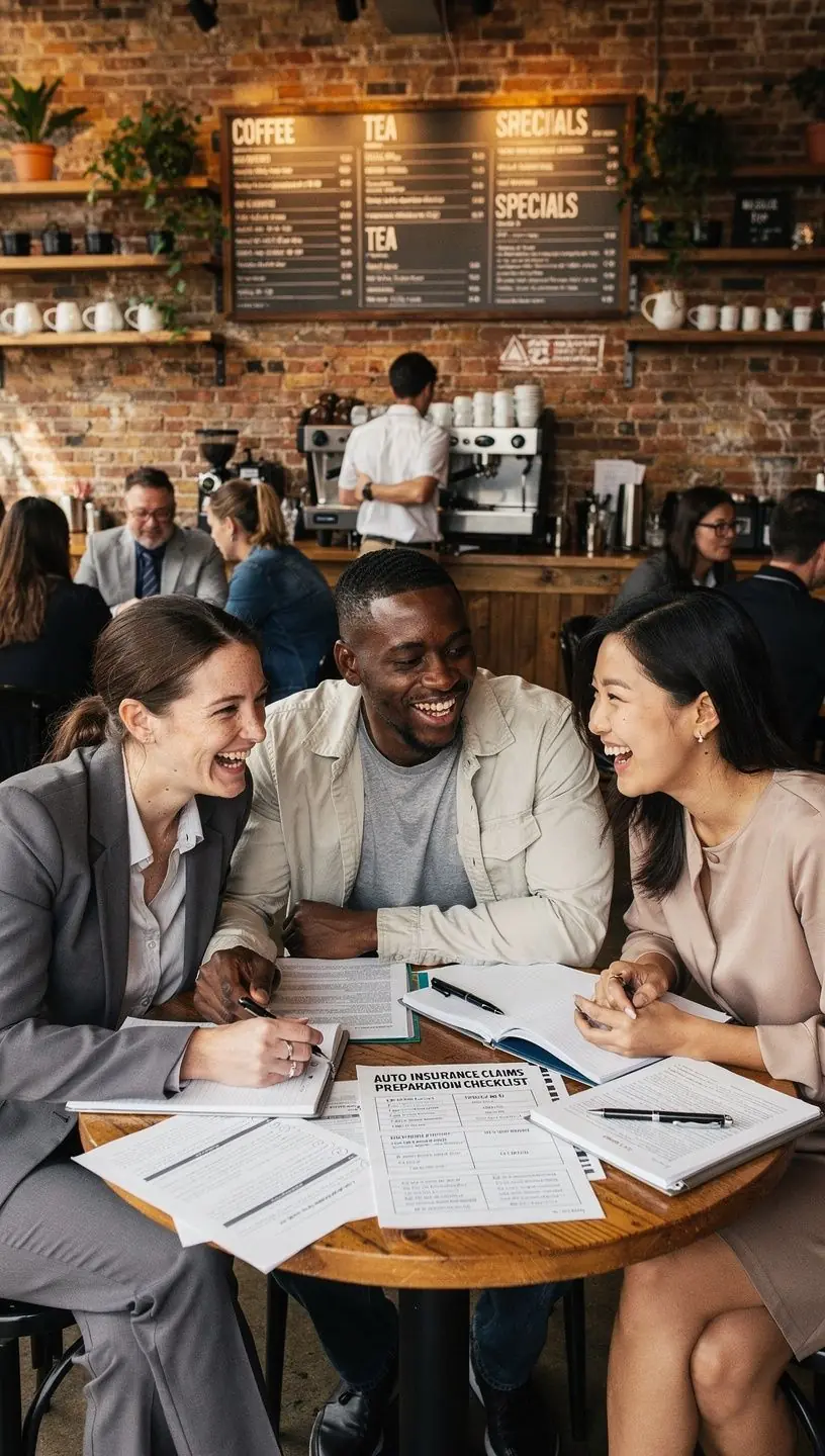 Zespół ludzi przeglądających dokumenty ubezpieczeniowe w biurze.